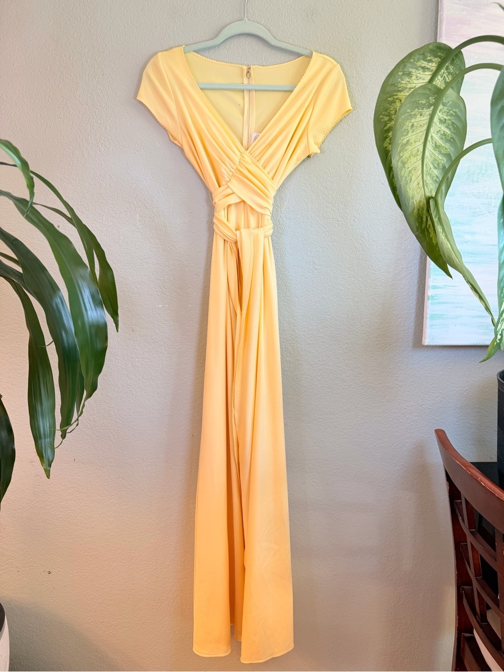 Vintage 70s Butter Yellow V-Neck Cap Sleeve Wrap Belt Cottagecore Maxi Dress M